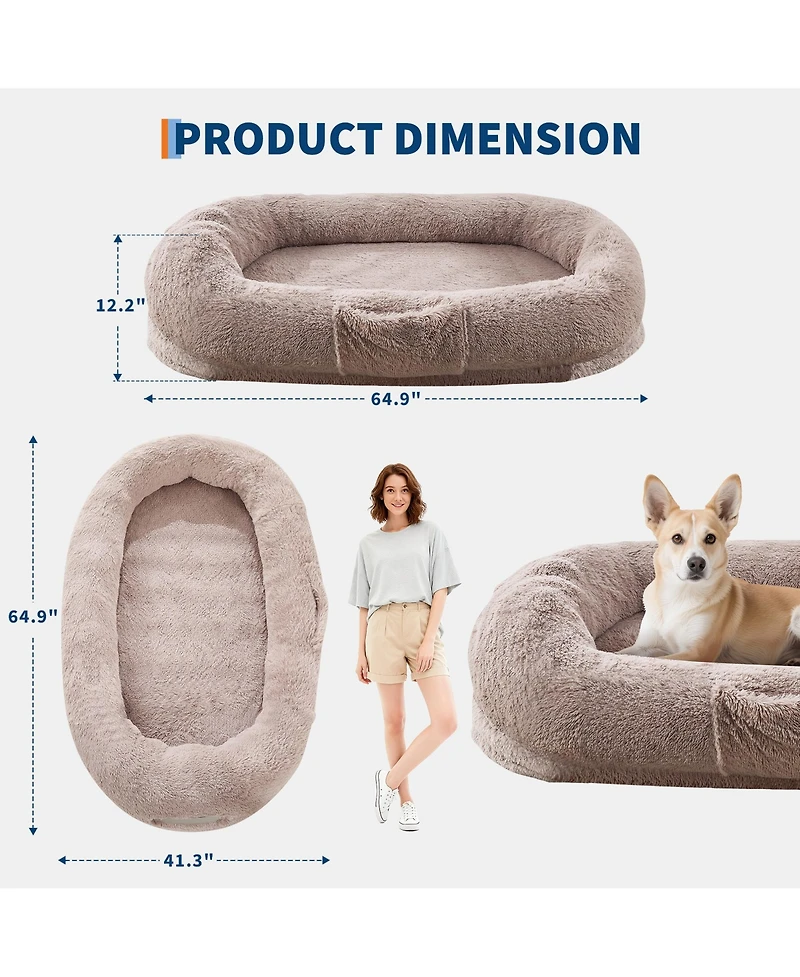 homfan Human and Pet Large Fluffy Faux Fur Bean Bag Bed Orthopedic Foam Mattress, Side Pockets, Portable Handle and Strap
