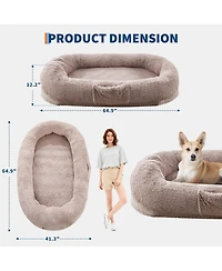 homfan Human and Pet Large Fluffy Faux Fur Bean Bag Bed Orthopedic Foam Mattress, Side Pockets, Portable Handle and Strap