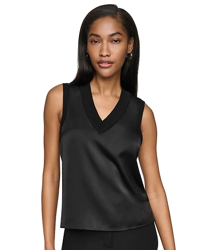 Dkny Petite Mix Media V-Neck Sleeveless Pull-On Top