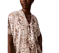 Calvin Klein Women's Printed Flat Satin Tie-Neck Blouse