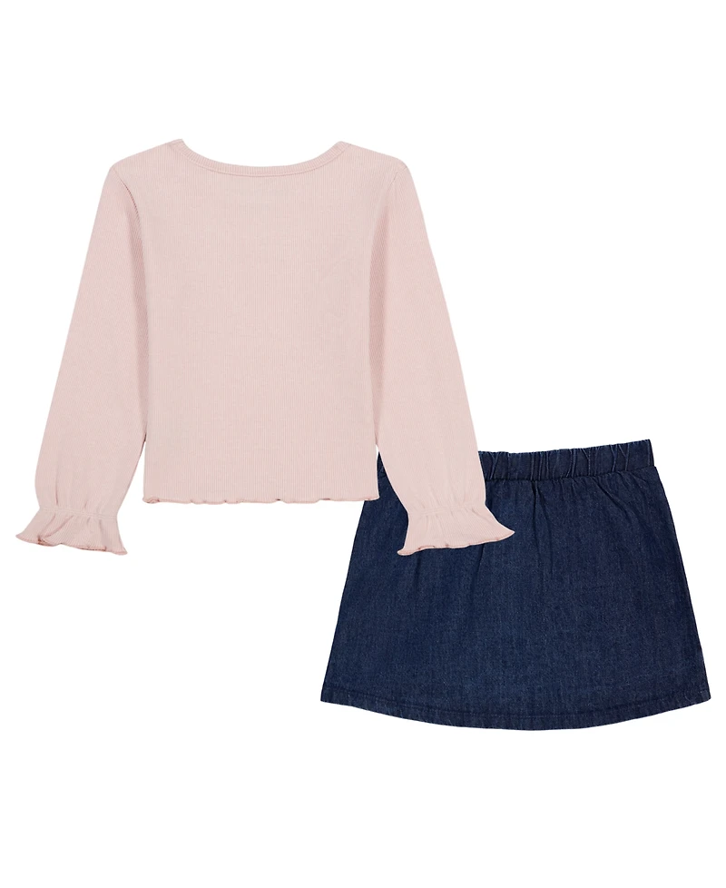 Calvin Klein Girls' 2T-6X Long-Sleeve Top and Denim Skort, 2-Piece Set