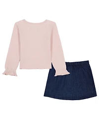 Calvin Klein Girls' 2T-6X Long-Sleeve Top and Denim Skort, 2-Piece Set
