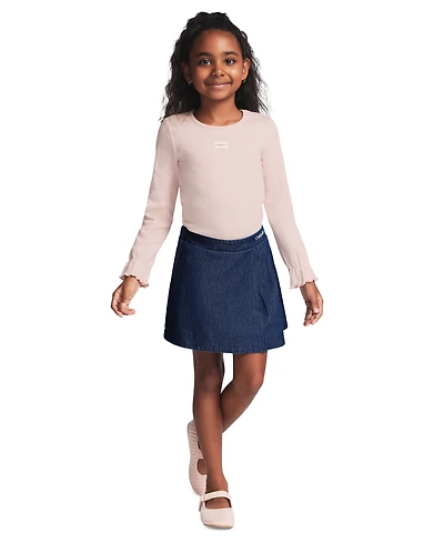 Calvin Klein Girls' 2T-6X Long-Sleeve Top and Denim Skort, 2-Piece Set