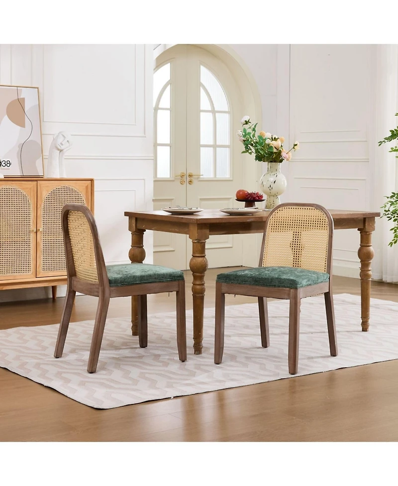 Rainsken Curved Arched Cane Back Dining Chairs Set of 2, Chenille Cushion, Solid Wood Frame, for Living Room