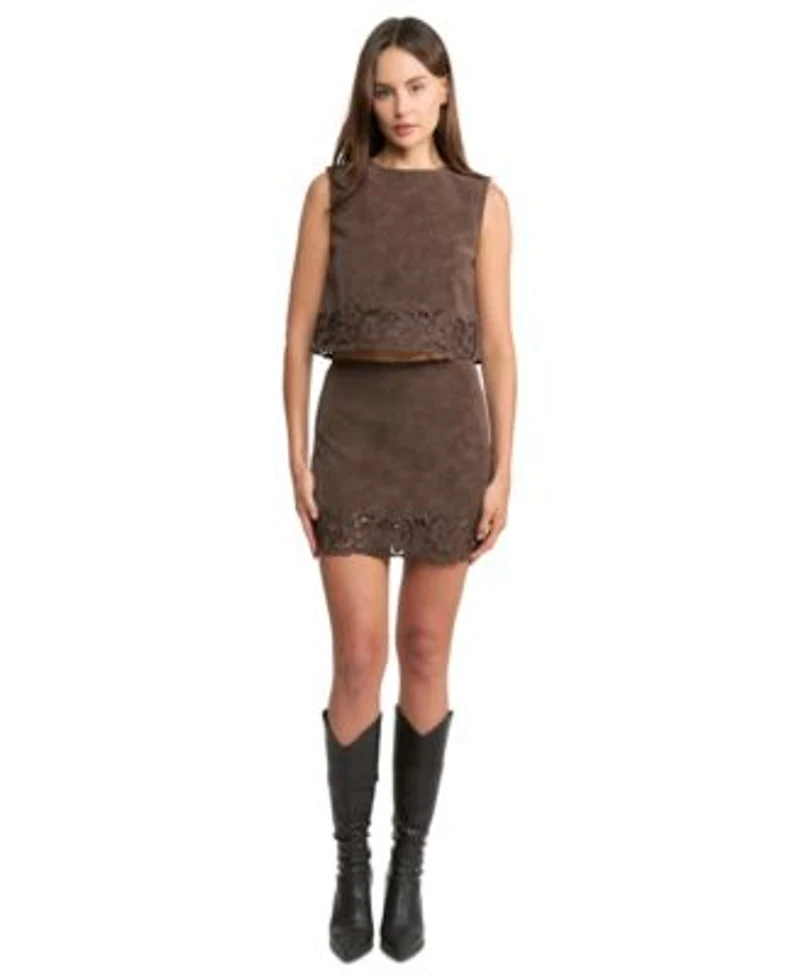 En Saison Womens Dark Brown Zipper Back Top Dark Brown Zipper Back Mini Skirt