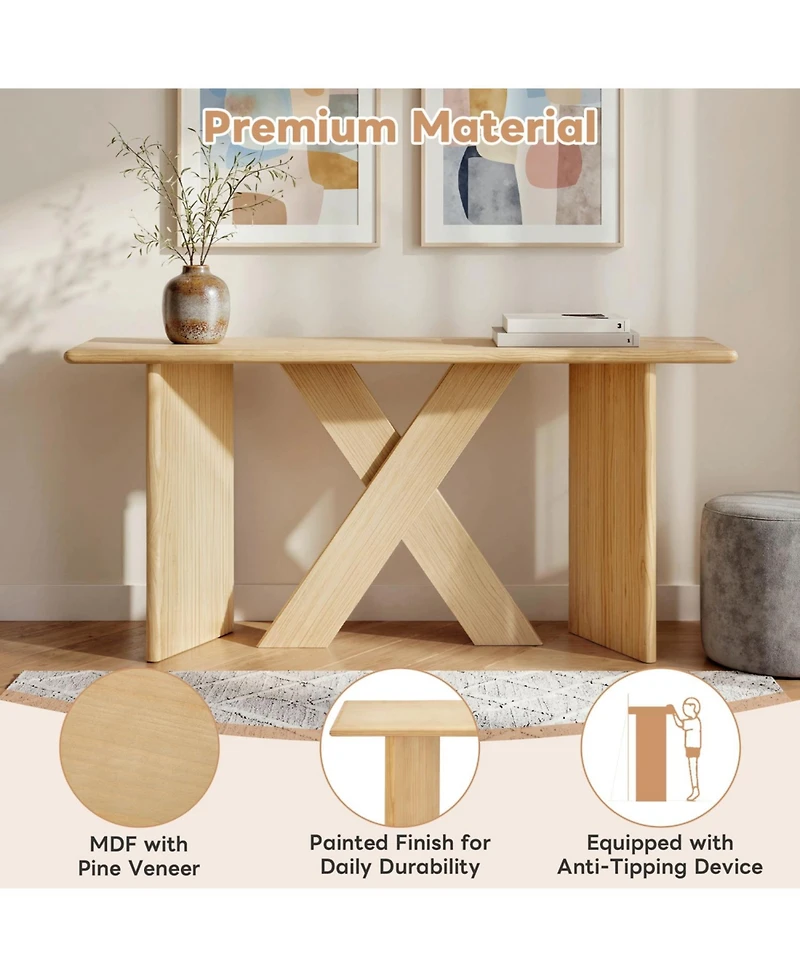 Rainsken 60" Sofa Console Table, with X Frame, Rounded Tabletop Edges, Minimalist Modern Display Shelf, for Entryway, Living Room or Hallway