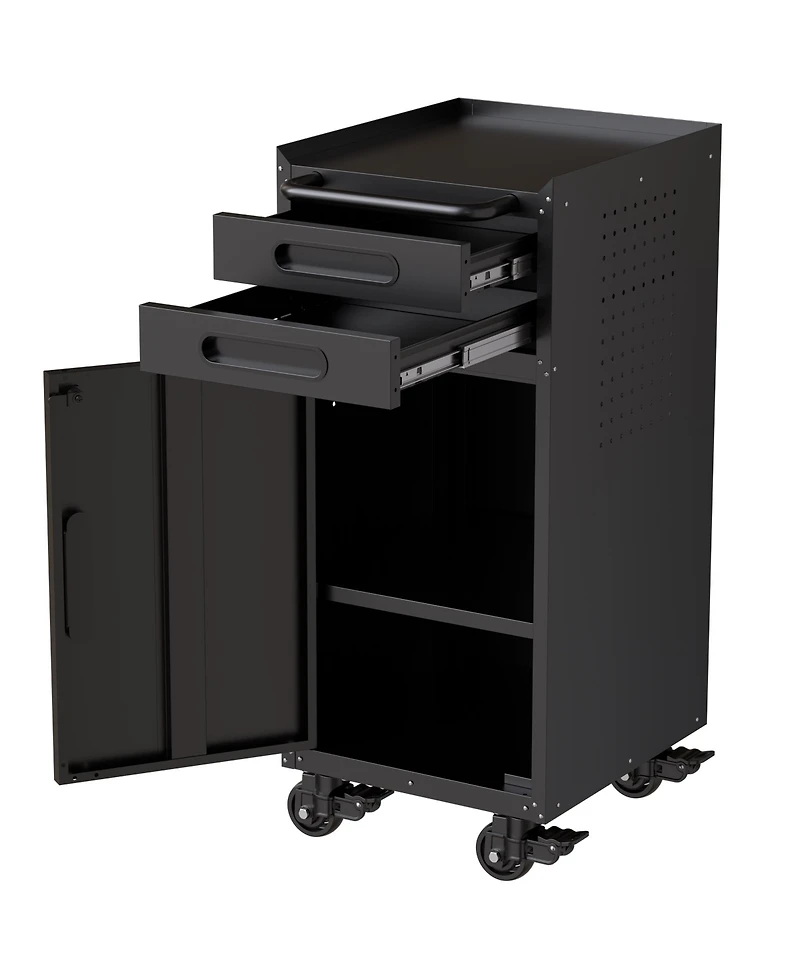 Viyet 34" Slim Rolling Tool Cabinet - Space-Saving Narrow Storage with Lockable Door and 2 Drawers