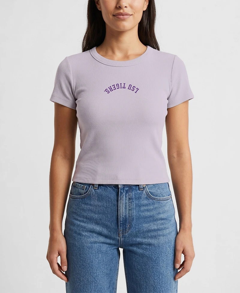Uscape Apparel Women's Purple Lsu Tigers Upside Down Embroidery Ribbed Cropped T-Shirt
