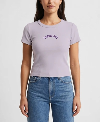 Uscape Apparel Women's Purple Lsu Tigers Upside Down Embroidery Ribbed Cropped T-Shirt