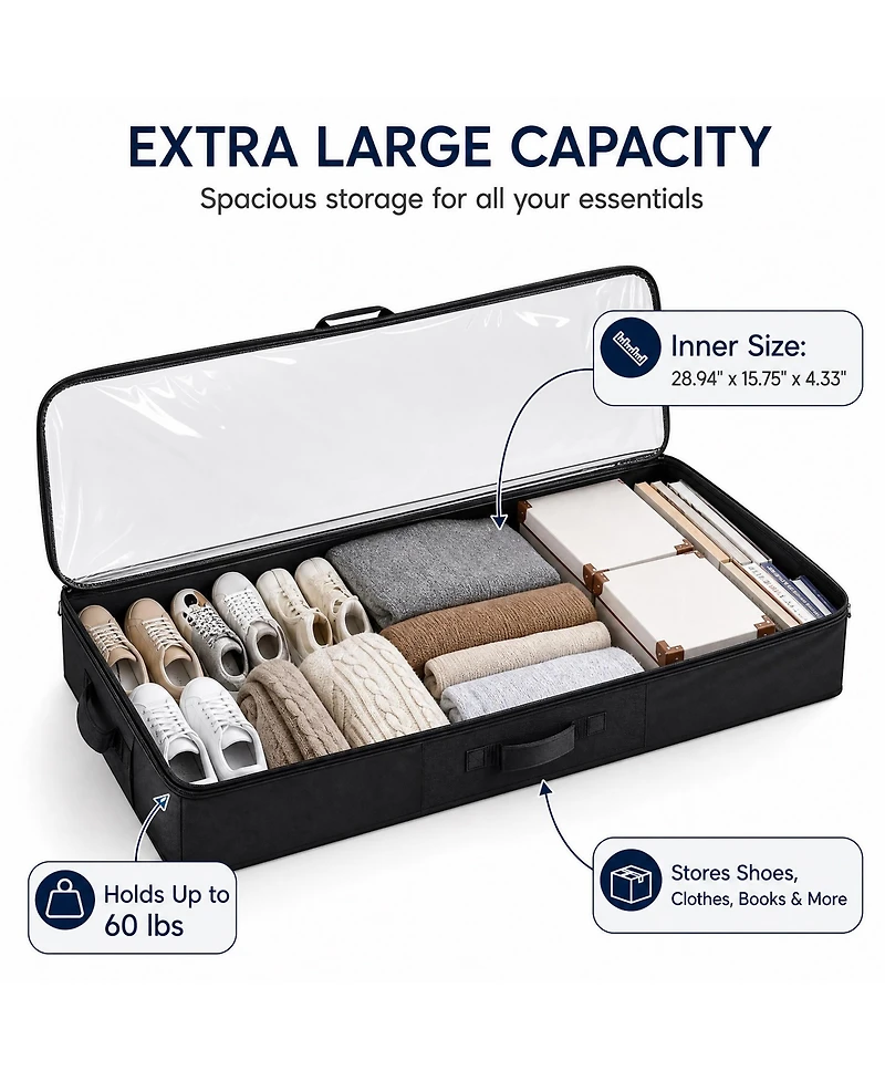 Viyet 2-Pack Rolling Underbed Storage Bins - Metal Frame Shoe and Clothes Organizer with Clear Lid