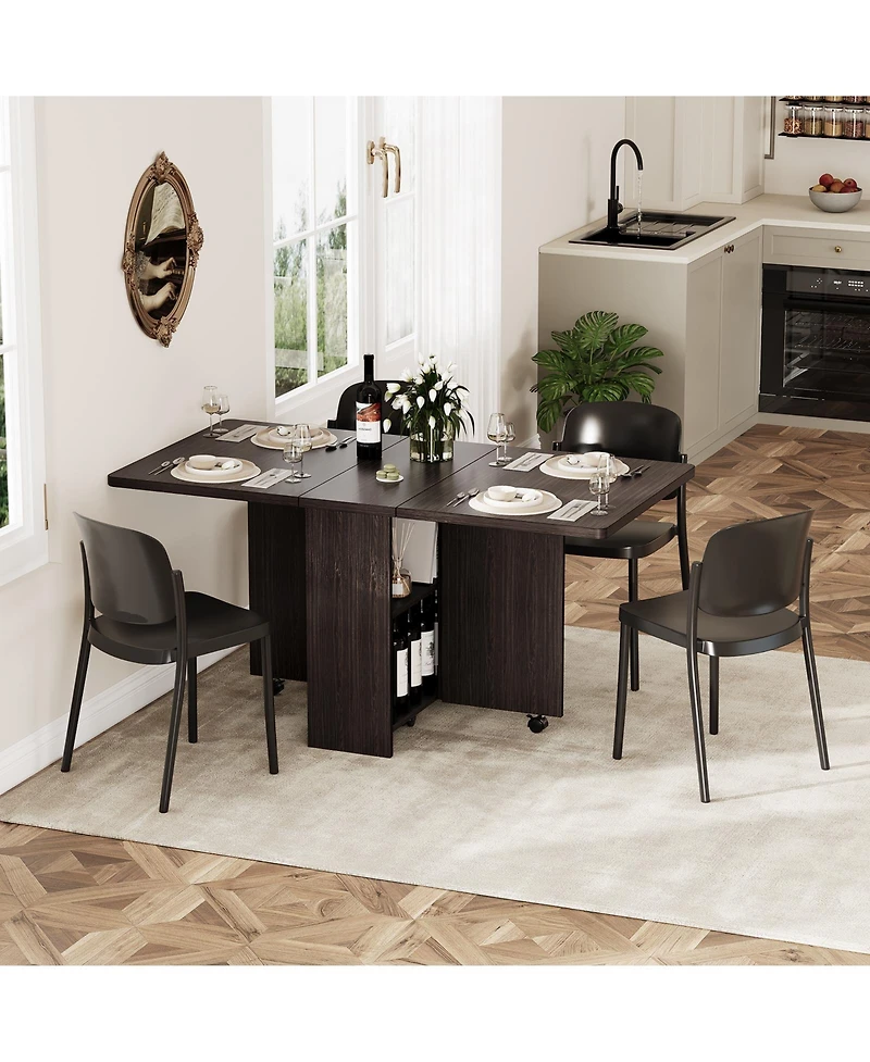 homfan Folding Drop Leaf Dining Table with 2-Tier Storage, 6 Wheels, Space-Saving Kitchen for Room and Home Office
