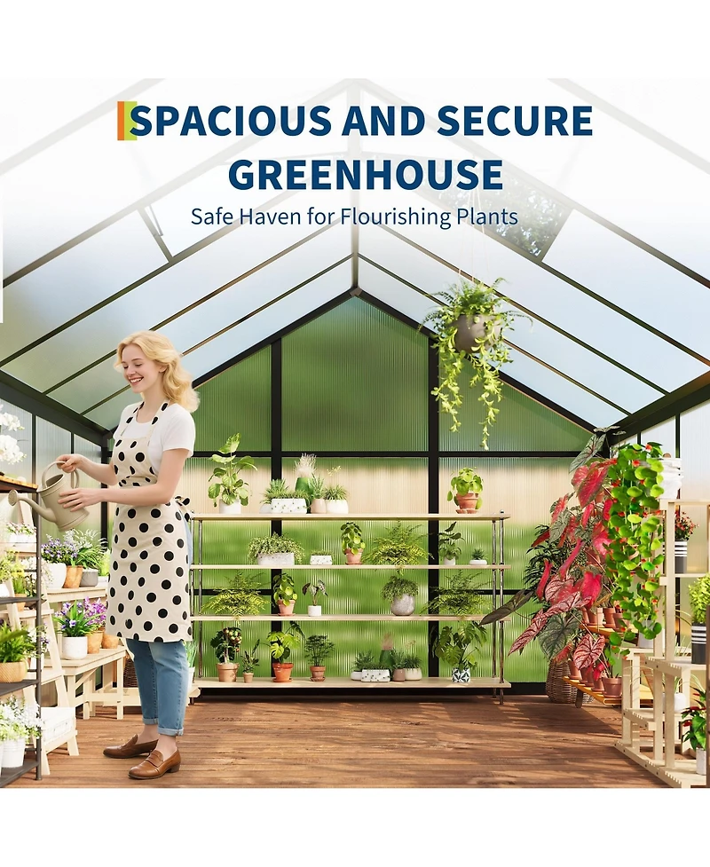 Homfan 8 x 6 Ft Aluminum Frame Greenhouse with Pc Panels, Outdoor Plant Growing Tent with Hinged Door and Vents