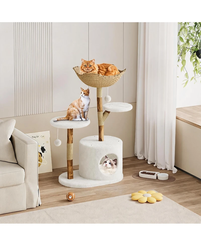 homfan 50" Multi-Level Wood Cat Tree for Large Cats with scratching posts, perch, bed, and modern design that fits home decor.