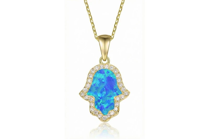 Rachel Glauber 14K Gold Plated Sparkling Hamsa Opal and Cz Halo Necklace