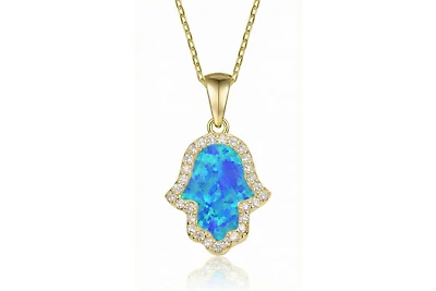 Rachel Glauber 14K Gold Plated Sparkling Hamsa Opal and Cz Halo Necklace