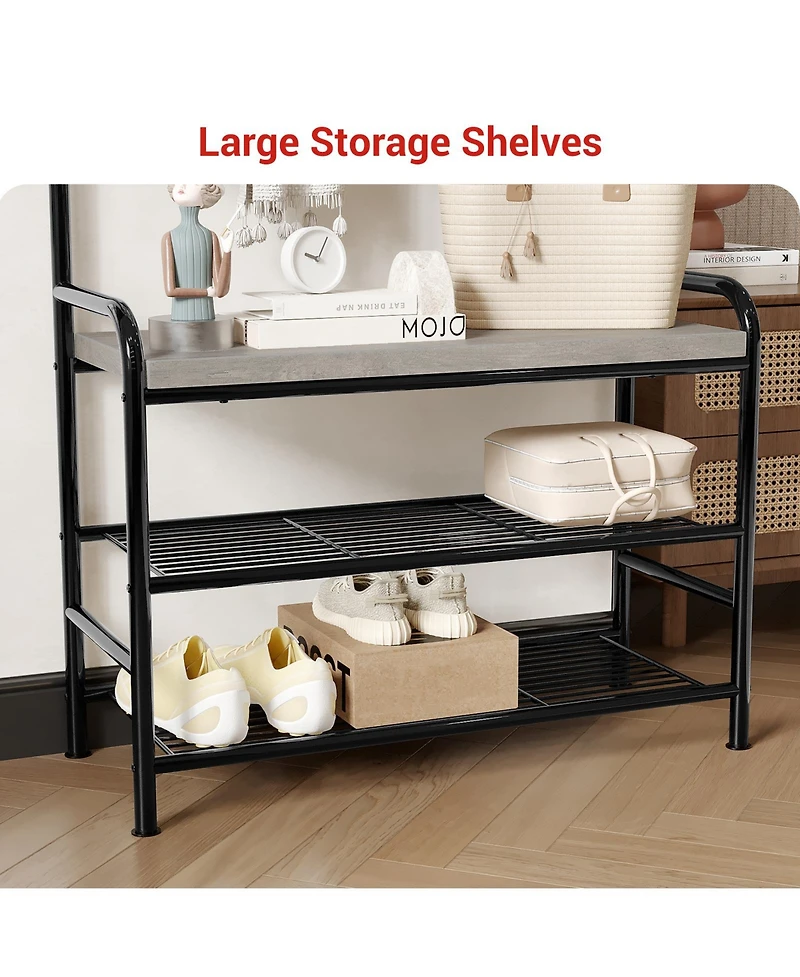 homfan 3-in-1 Hallway Coat Rack with Shoe Bench, Sturdy Iron and Wood Multi-shelf Storage Organizer for Entryway Home Office