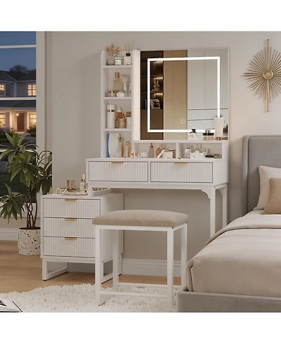 40.5"W Wave Board Dressing Table with Engineered Wood Top and Metal Frame, Makeup Vanity Table for Bedroom Vanity Space, White/Gold