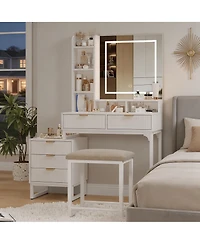 40.5"W Wave Board Dressing Table with Engineered Wood Top and Metal Frame, Makeup Vanity Table for Bedroom Vanity Space, White/Gold