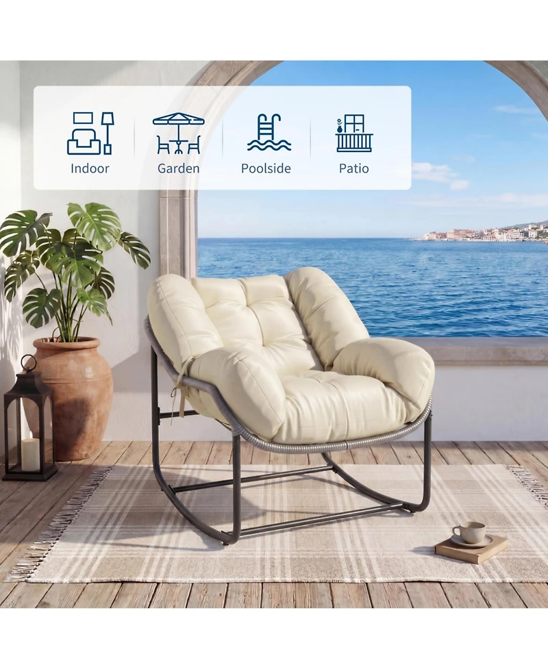 homfan 2 Pcs Outdoor Rocking Chair, Papasan Rocking Chair with Thick Cushion, Comfy Wicker Reading Lounge, Indoor Bed-Like for Bedroom, Balcony