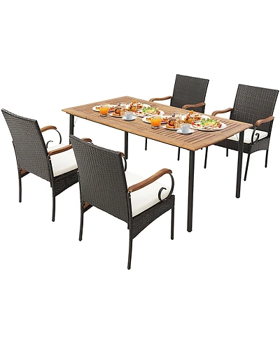 Gymax 5 piece Wicker Dining Set Cushion Armchairs Acacia Wood Table with Umbrella Hole Patio