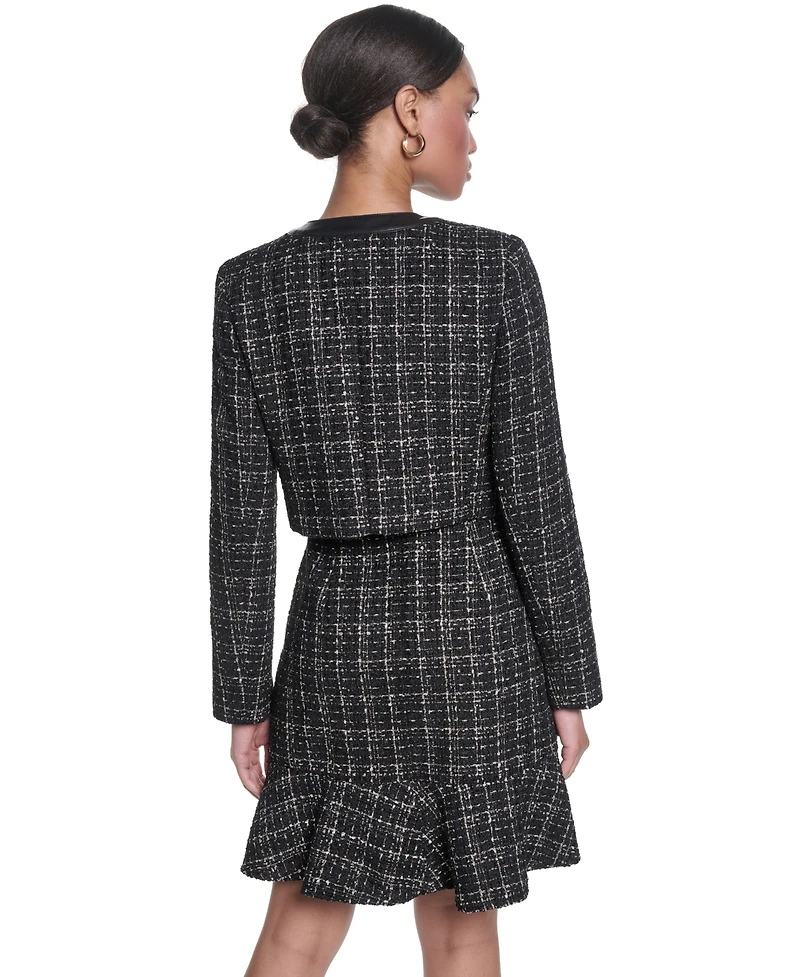 Karl Lagerfeld Paris Women's Metallic Tweed Jacket with Faux Leather Trim