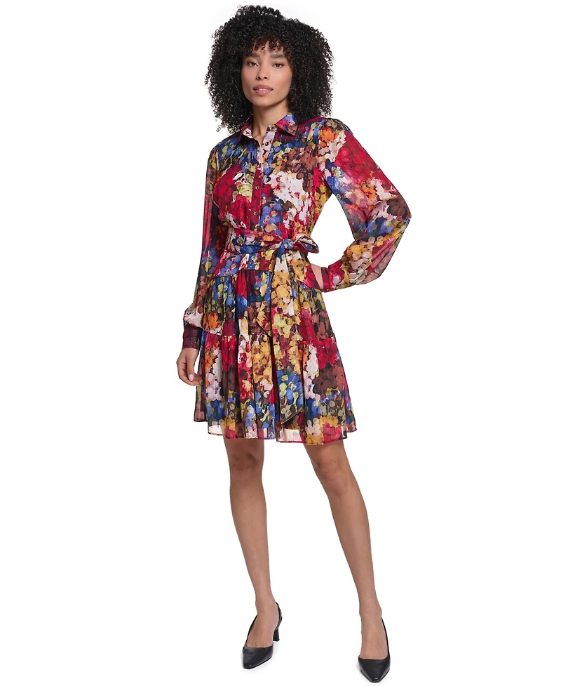 Karl Lagerfeld Paris Women's Printed Metallic Chiffon Shirtdress