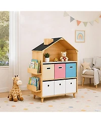 Mega Casa House-Style Kids Storage Cabinet, Multi-Bin Toy Organizer and Book Display Bookcase for Playrooms & Bedrooms