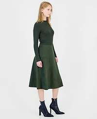 T Tahari Women's Mock Neck Long-Sleeve Faux Suede Skirt Dress