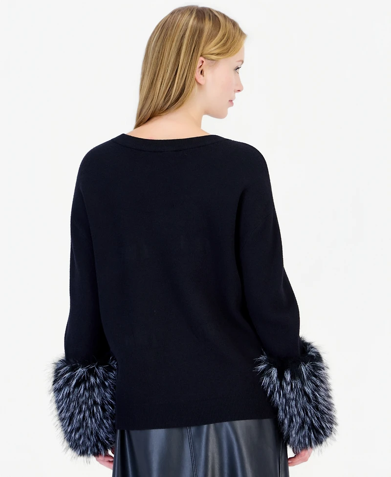 T Tahari Women's Long-Sleeve Crewneck Faux-Fur Trim Pullover