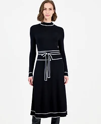 T Tahari Women's Long Sleeve Mock Neck Belted Dress