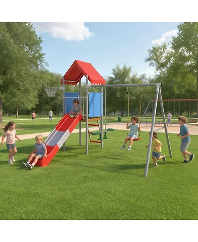 homfan 112 x 110 x 97 in Kids Outdoor Treehouse with Swing and Slides, Backyard Metal Frame Play Set for Children