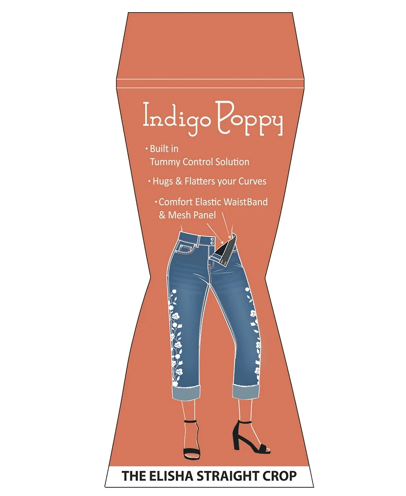 Indigo Poppy Women's Two Button Tummy Control Embroidered Wide Cuff Crop