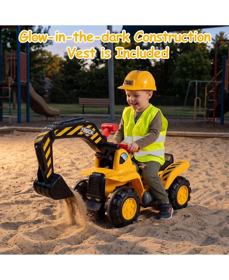 Slickblue 3-in-1 Ride On Toy Excavator with Engine Sounds and Safety Helmet