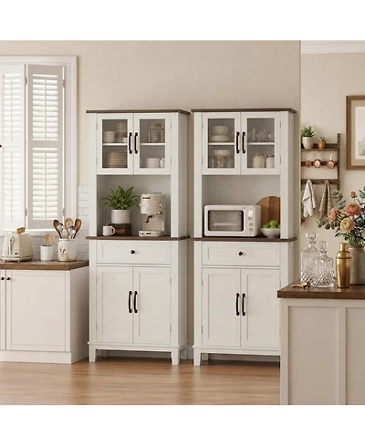 gaomon Set of 2 72" Kitchen Pantry Cabinet with Drawers and Glass Doors, Locking Multi-Door Hutch for Kitchen, Dining and Living Room