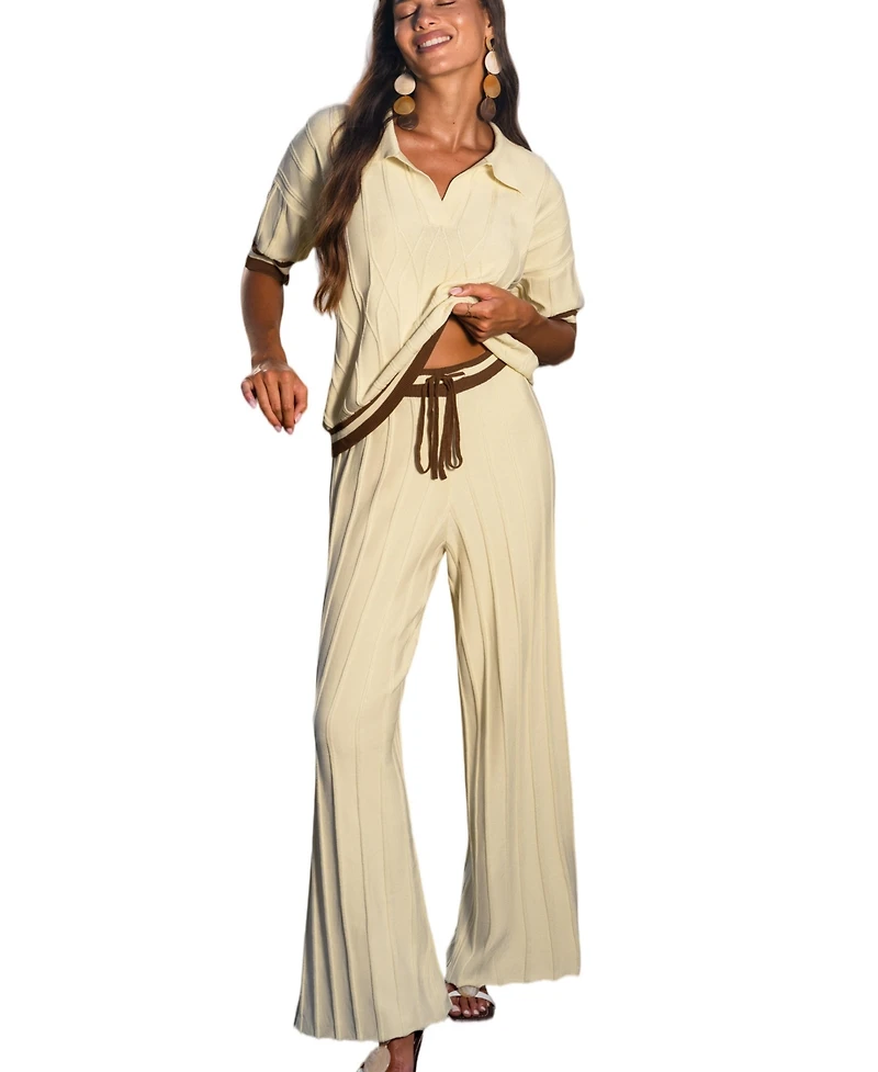 Cupshe Women's Cream Ribbed Knit Polo Top and Wide Leg Pants Matching Set