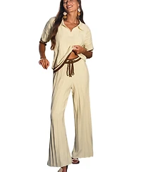 Cupshe Women's Cream Ribbed Knit Polo Top and Wide Leg Pants Matching Set
