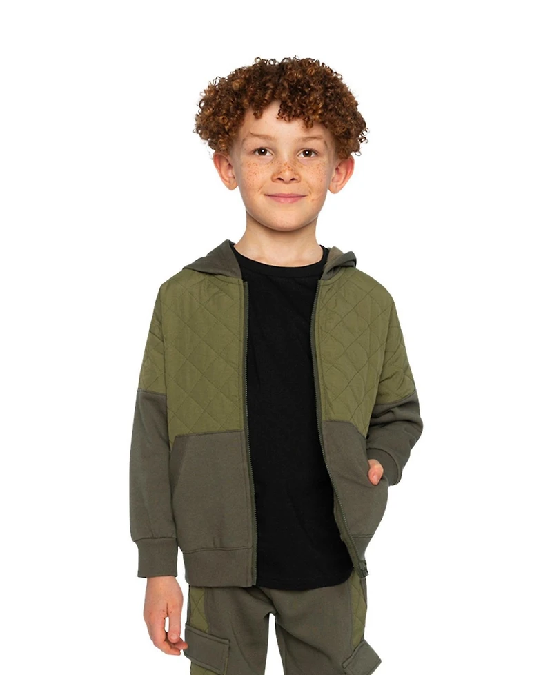 Deux par Little and Big Boy (6-12) Full Zip Hooded Bi-Material Cardigan