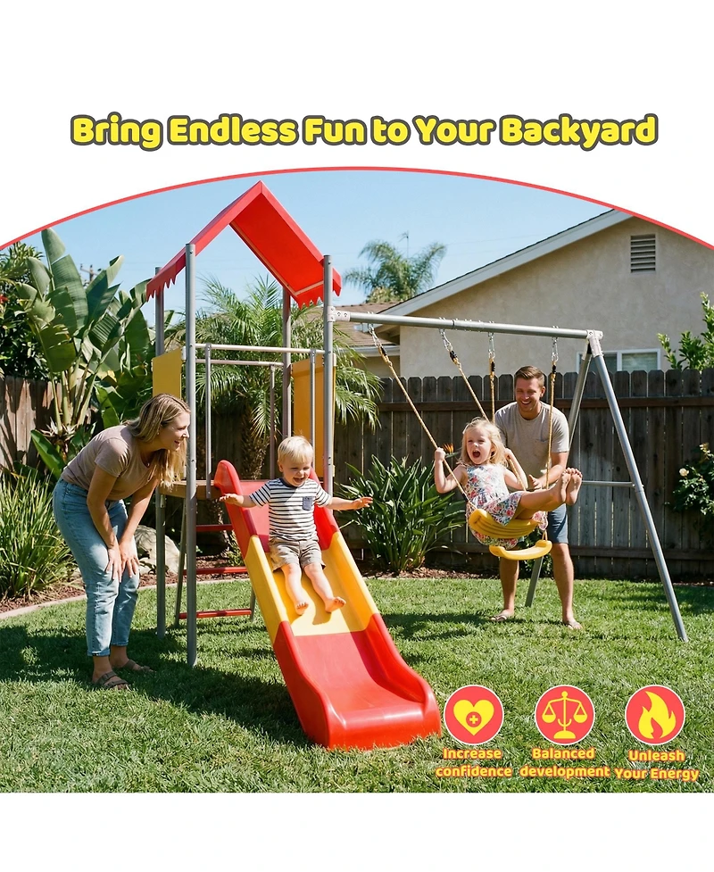 Zeny Metal and Plastic Treehouse Swing Set with Slide, Belt Swings, and Canopy - Safe, Sturdy, and Portable for Kids Ages 3-8