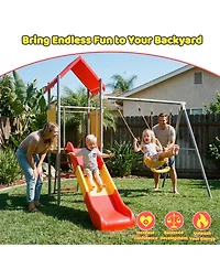 Zeny Metal and Plastic Treehouse Swing Set with Slide, Belt Swings, and Canopy - Safe, Sturdy, and Portable for Kids Ages 3-8
