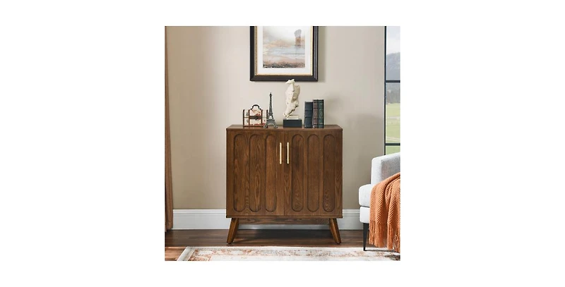 Flynama Fluted Sideboard Cabinet with Adjustable Shelves and Wood Legs Walnut Storage