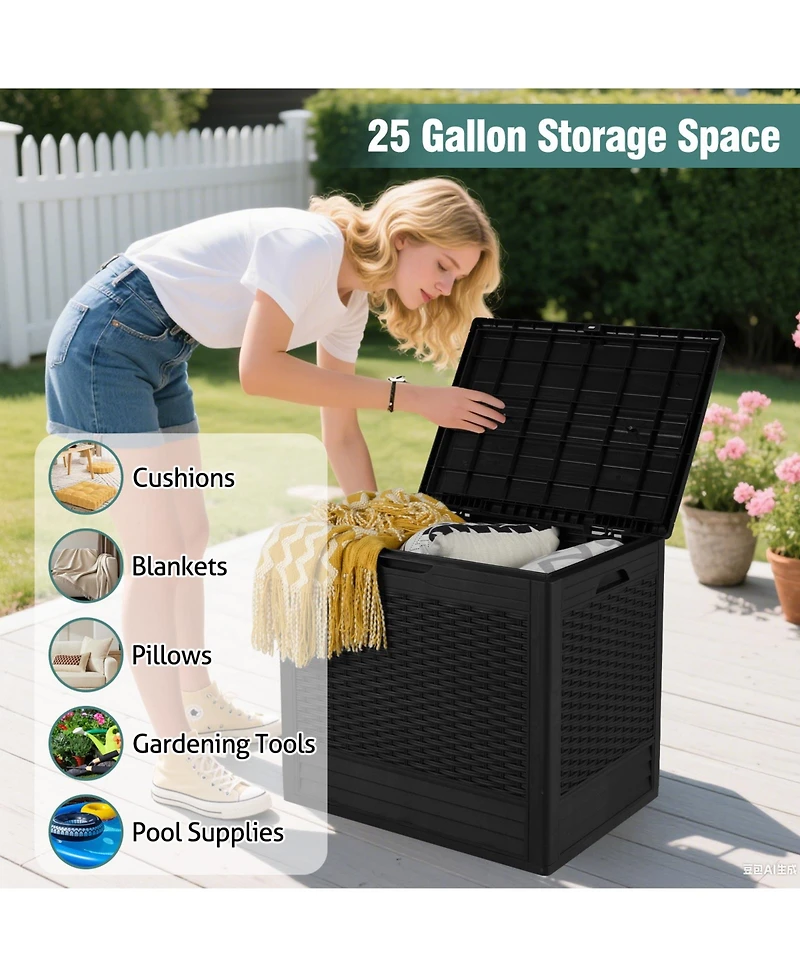 Gymax 25 Gallon Outdoor Storage Box Pp Deck Container With Rattan Patterns and Lockable Lid