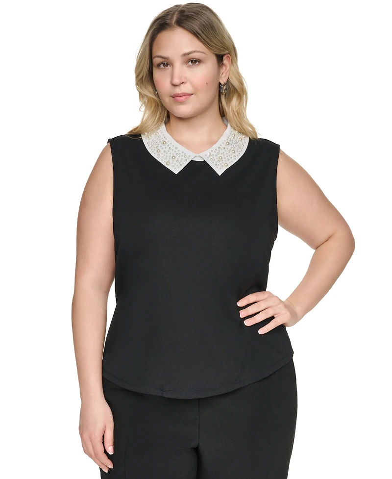 Karl Lagerfeld Paris Plus Imitation Pearl Collar Knit Top