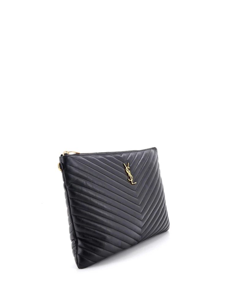 Pre-Owned Saint Laurent Large Classic Monogram Wristlet Pouch Matelasse Chevron Leather