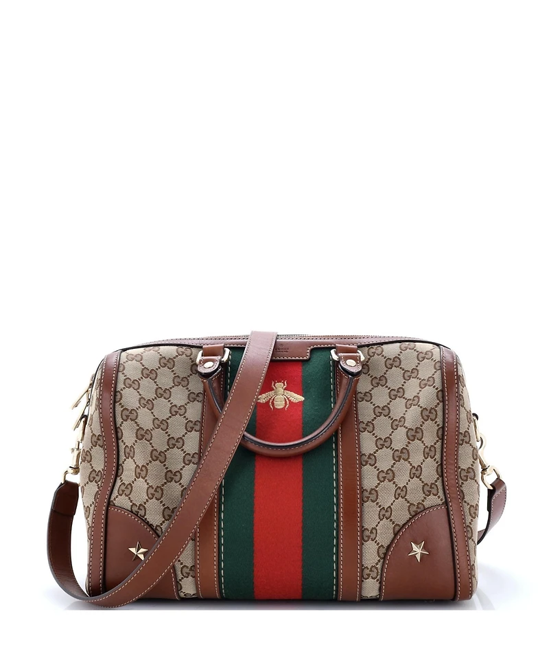 Pre-Owned Gucci Medium Vintage Bee Web Boston Bag Gg Canvas