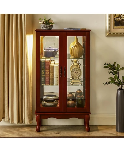 flynama 3-Tier Lighted Glass Curio Cabinet Acrylic Mirror Back Adjustable Tempered Glass Shelf Home Collection Display Cabinet