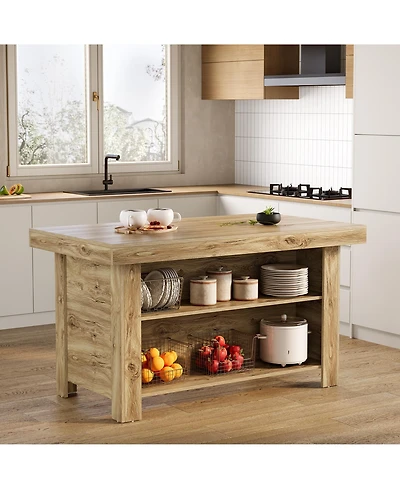 Tribesigns 3-Tier Kitchen Island with Storage, 55'' Farmhouse Wooden Stationary Table Large Worktop and Leg Room