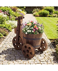 Gymax Rustic Wood Tricycle Planter with Barrel Pot and Drainage for Patio Balcony Garden