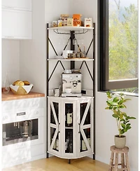 gaomon 72" Industrial Corner Wine Cabinet Built-in Power Outlet and Led Strip, Mesh Door with Glass Holder, 5-Tier Bar Display for Home or Small Space