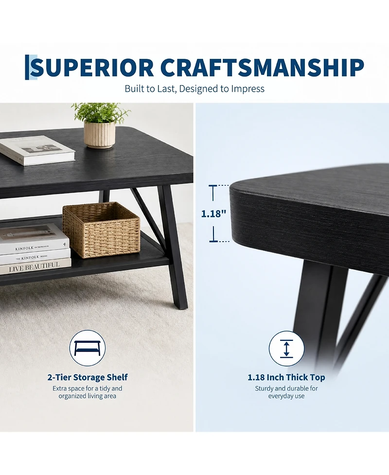 gaomon Rectangle Coffee Table for Living Room with Round Corners, Industrial Small 2-Tier Storage Shelf, Easy Assembly