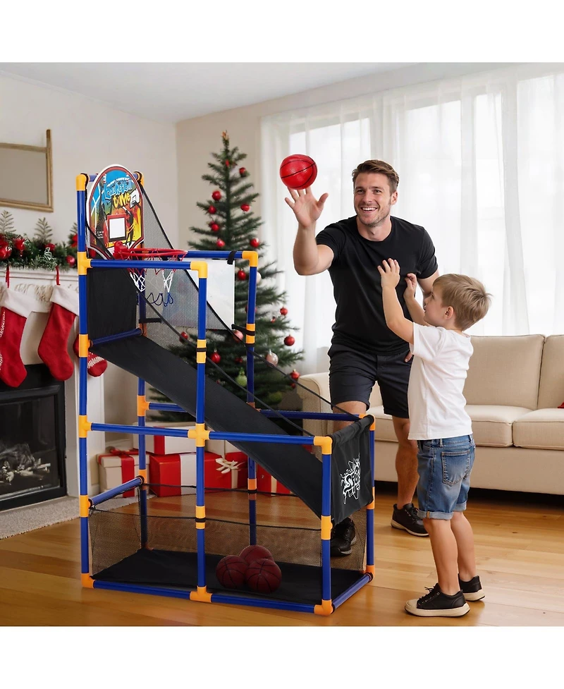 homfan 12.8 x 6.1 16.3 Inch Kids Basketball Hoop Set with 4 basketballs 6 Air Pump and Sticky Net. Indoor Outdoor Game